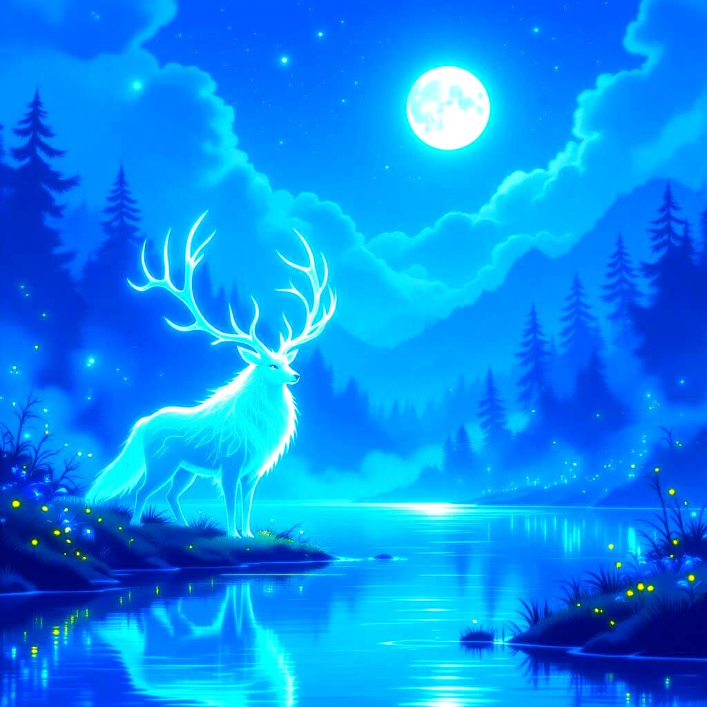 Bioluminescent Creature by Ethereal Lake, Ghibli Concept Art...