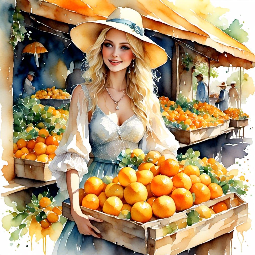 Woman Selling Oranges in Watercolor Style