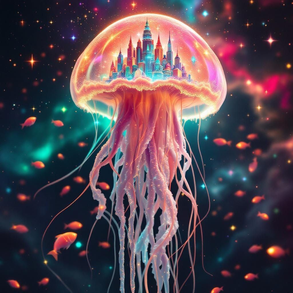 Neon Jellyfish Cityscape in Space: Isometric View