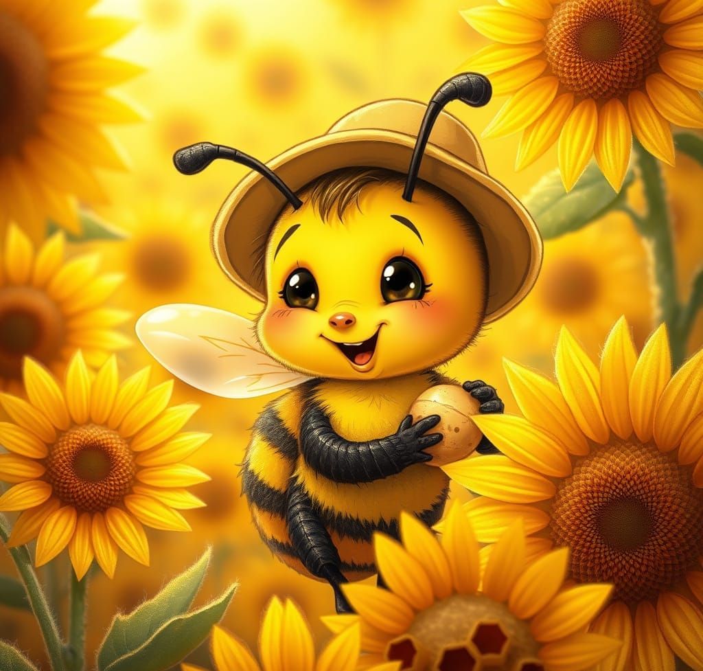 Whimsical Baby Bee in Sunflower Field