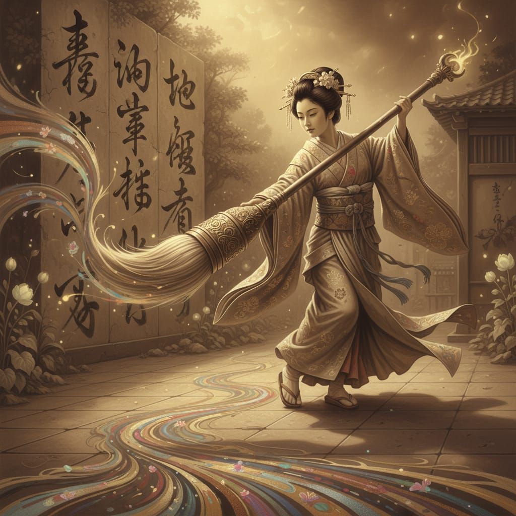 Japanese Princess Dancing with Paint Brush: Airbrush Art