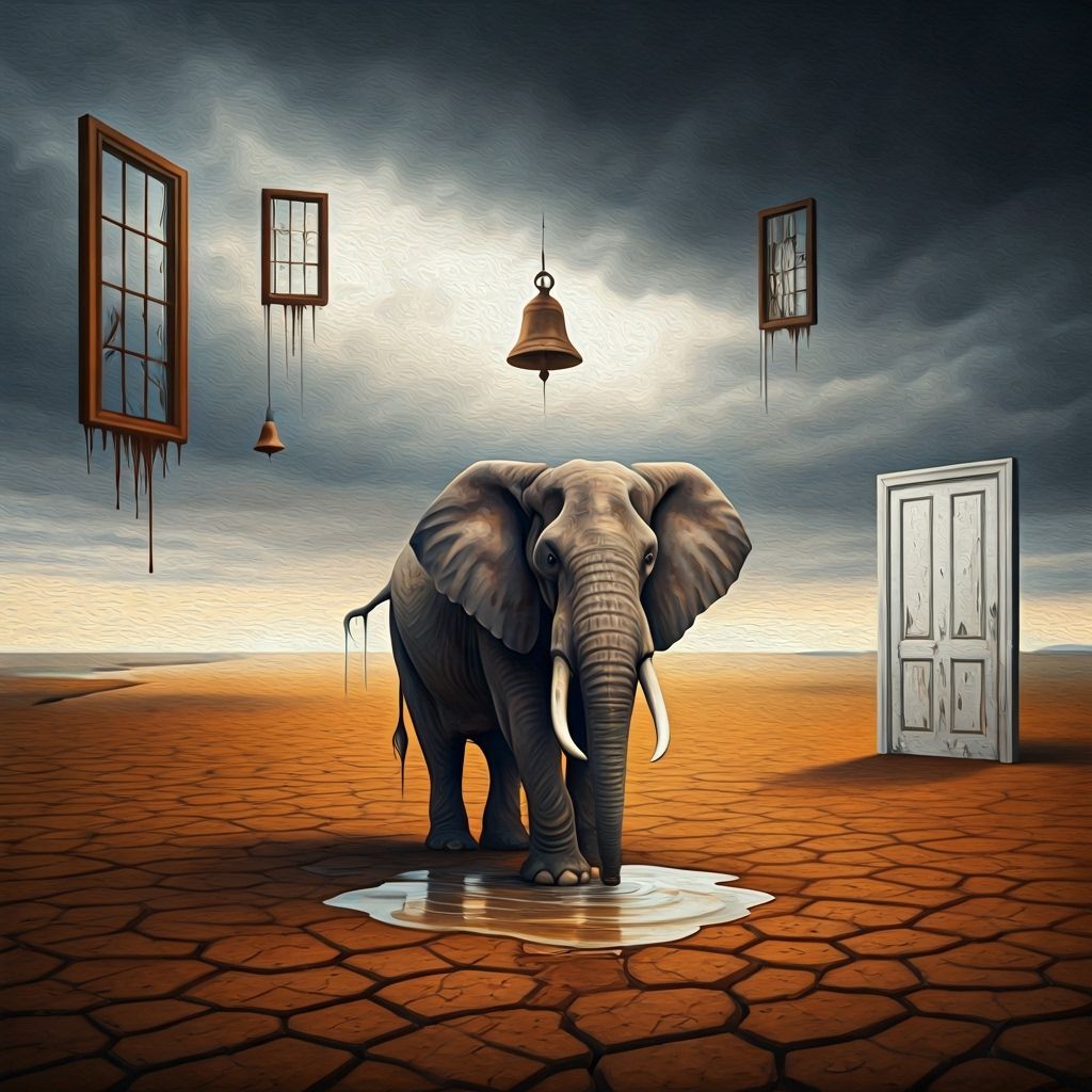 Surreal Elephant on Barren Plain in Dreamlike Oil Painting