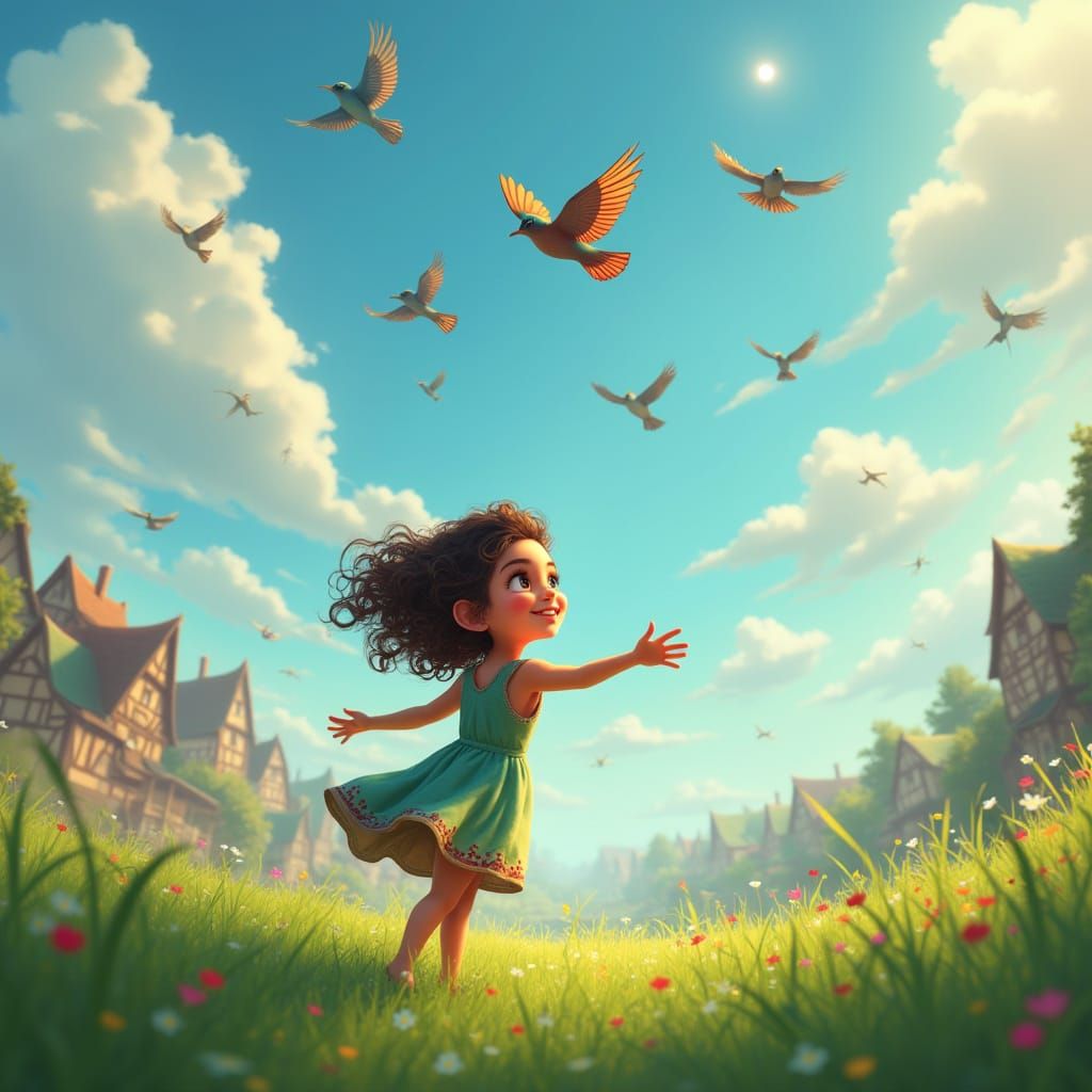 Little Girl Pari Enchanted by Birds in Whimsical Village