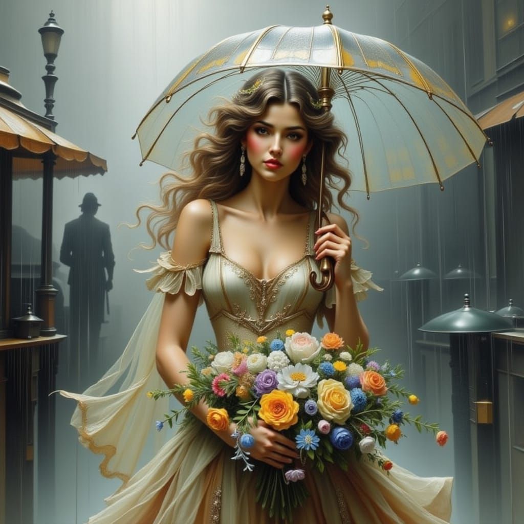 Bride Walking on Rainy Day