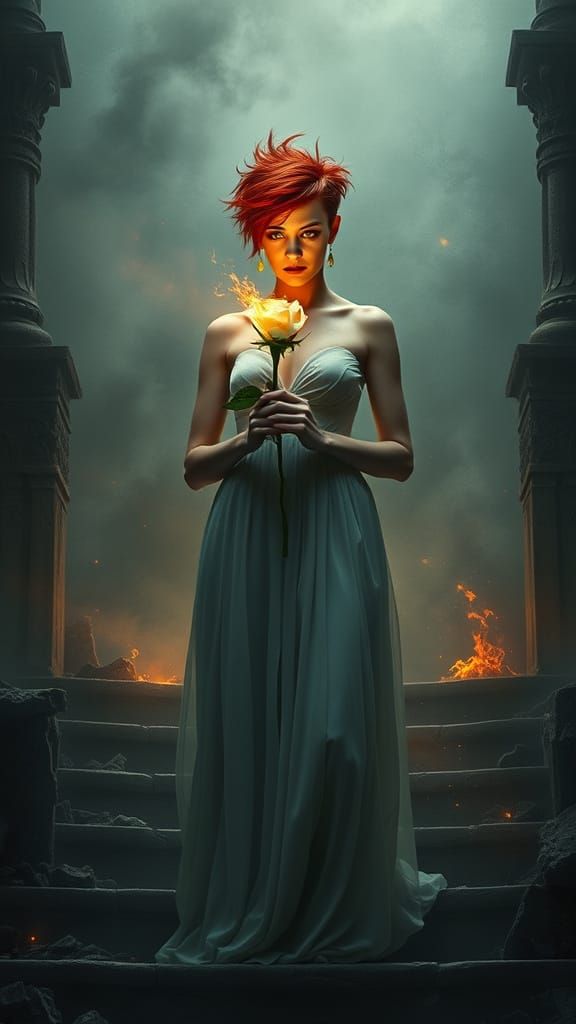 Woman with Burning Rose on Ruined Throne