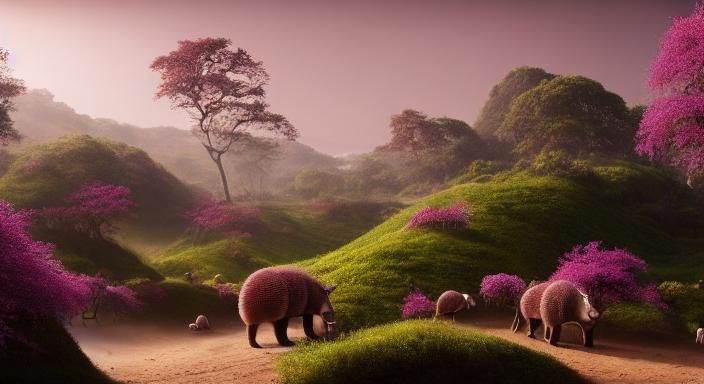 Retrofuturist Baboon-Bison Herd on Alien World