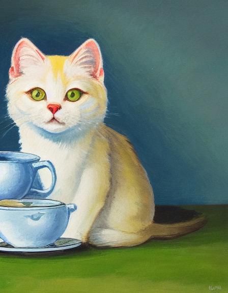 Smug White Cat Drinks Tea: Gouache Style