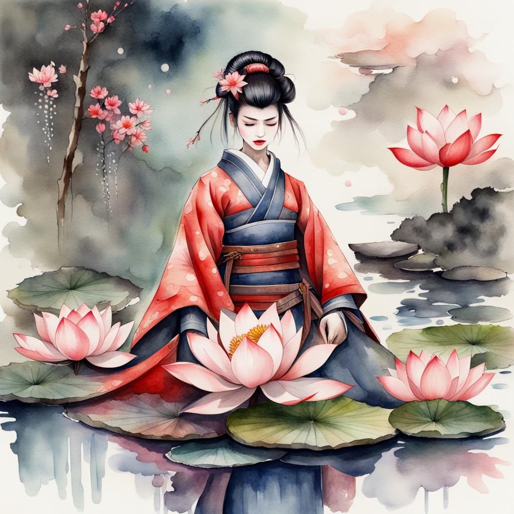 Geisha Warrior in Zen Garden, Watercolor Painting