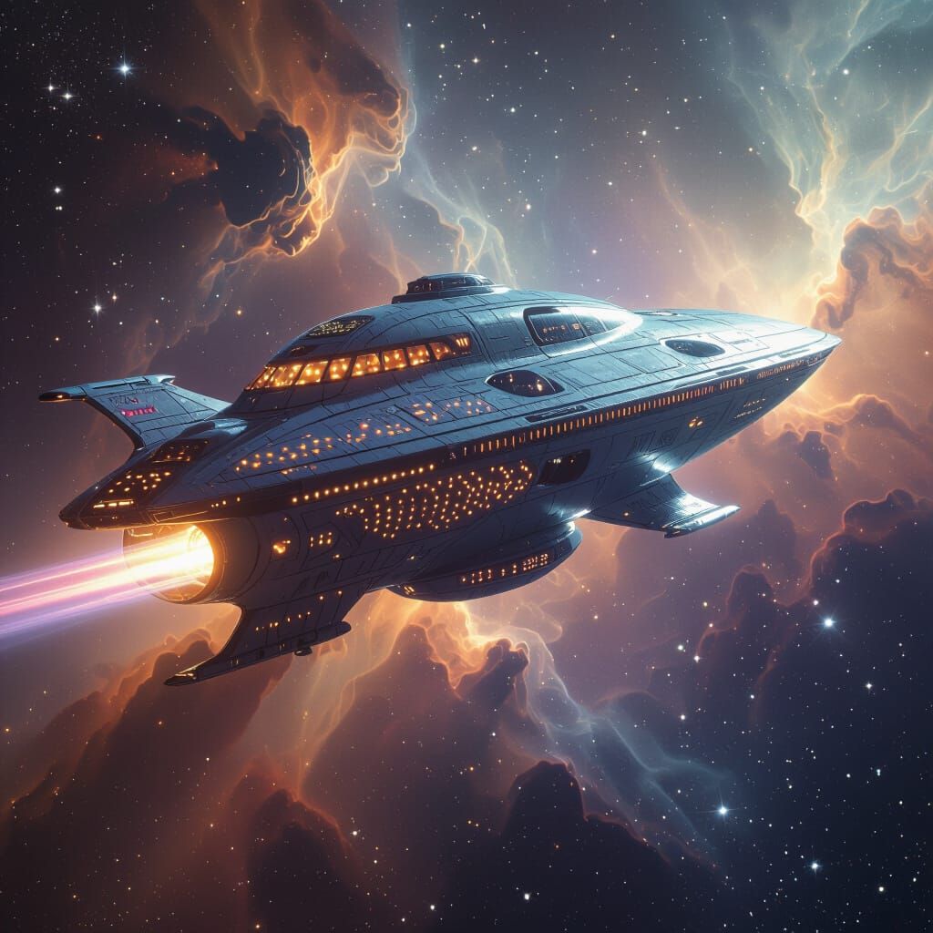 Spacecraft Glides Through Nebula in Synthwave Style