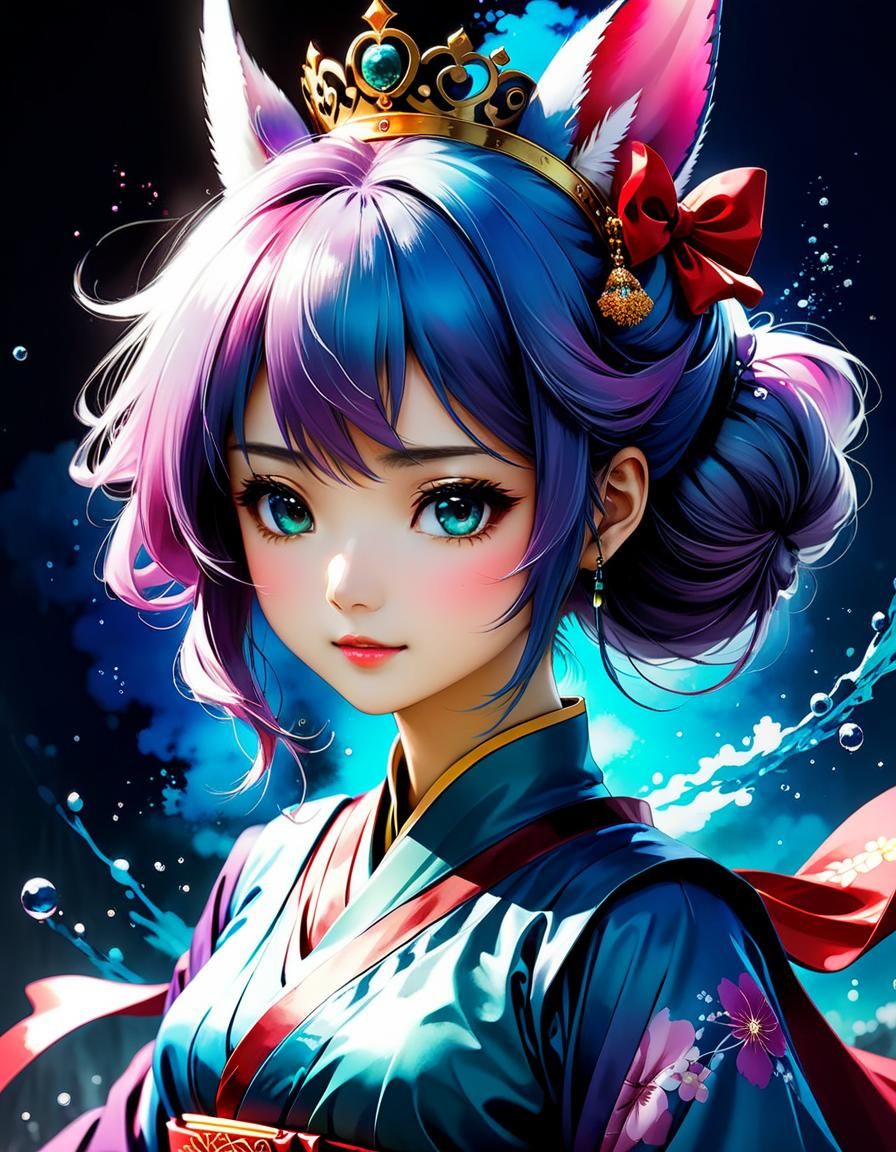 Cute Manga Princess Girl in Alcohol Ink Style