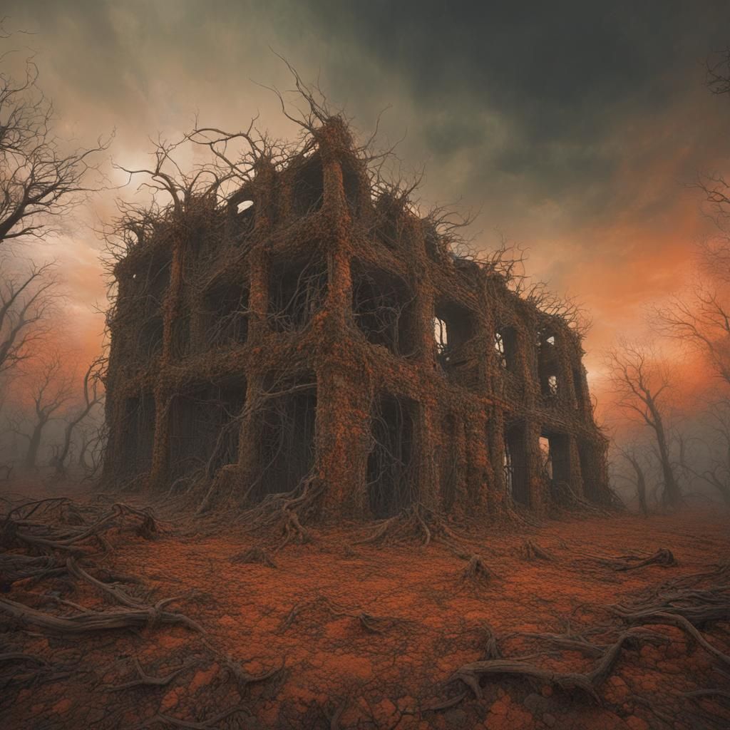 Surreal Wasteland Ruins with Vines in Cinematic Style