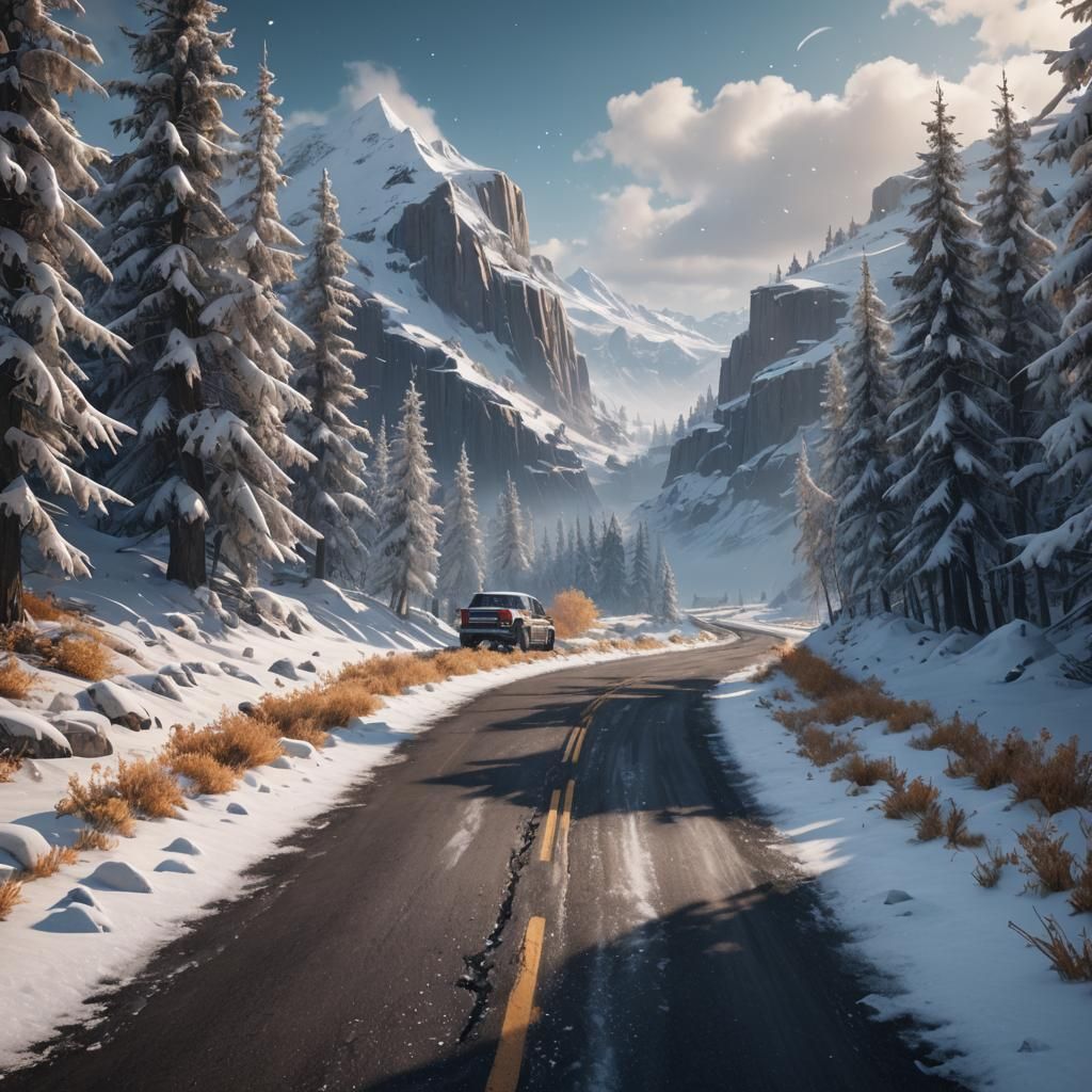 Feather Snow Road in USA: Detailed Matte Painting
