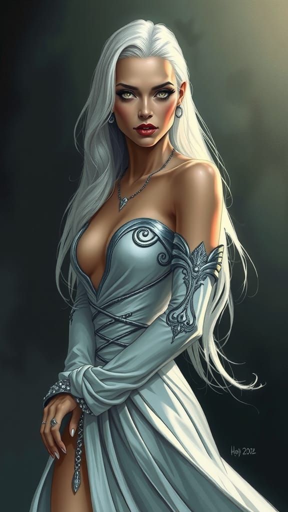 Elegant Dark Fantasy Villainess in White and Silver