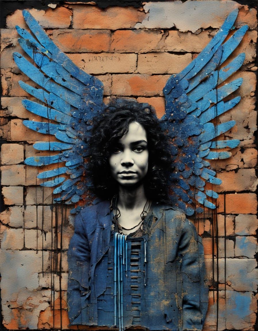 Angel in Dynamic Action, Blending Azurite and Grunge Aesthet...