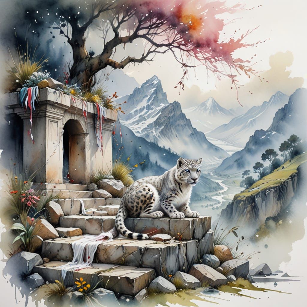 Surreal Himalayan Landscape with Snow Leopard in Watercolor ...
