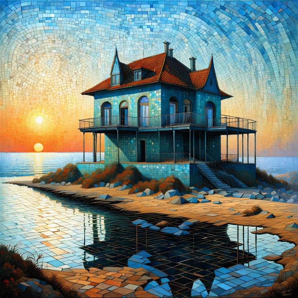 Beach Villa in Mosaic Style, Abstract Expressionism