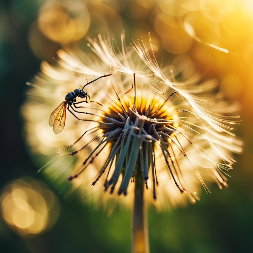 Dramatic Macro Photo of Dandelion with Ant