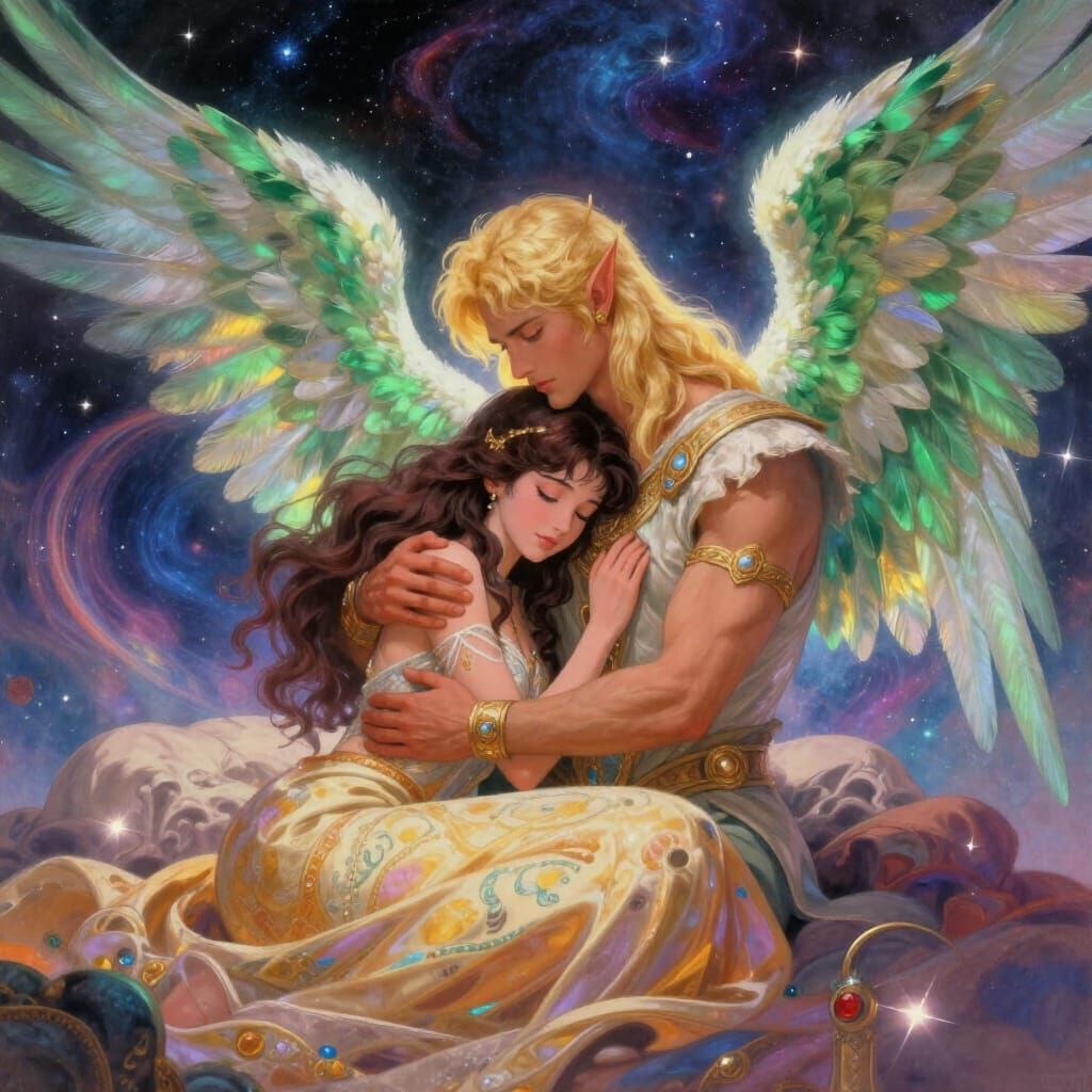 Elf King and Angel Queen in Ethereal Astral Embrace