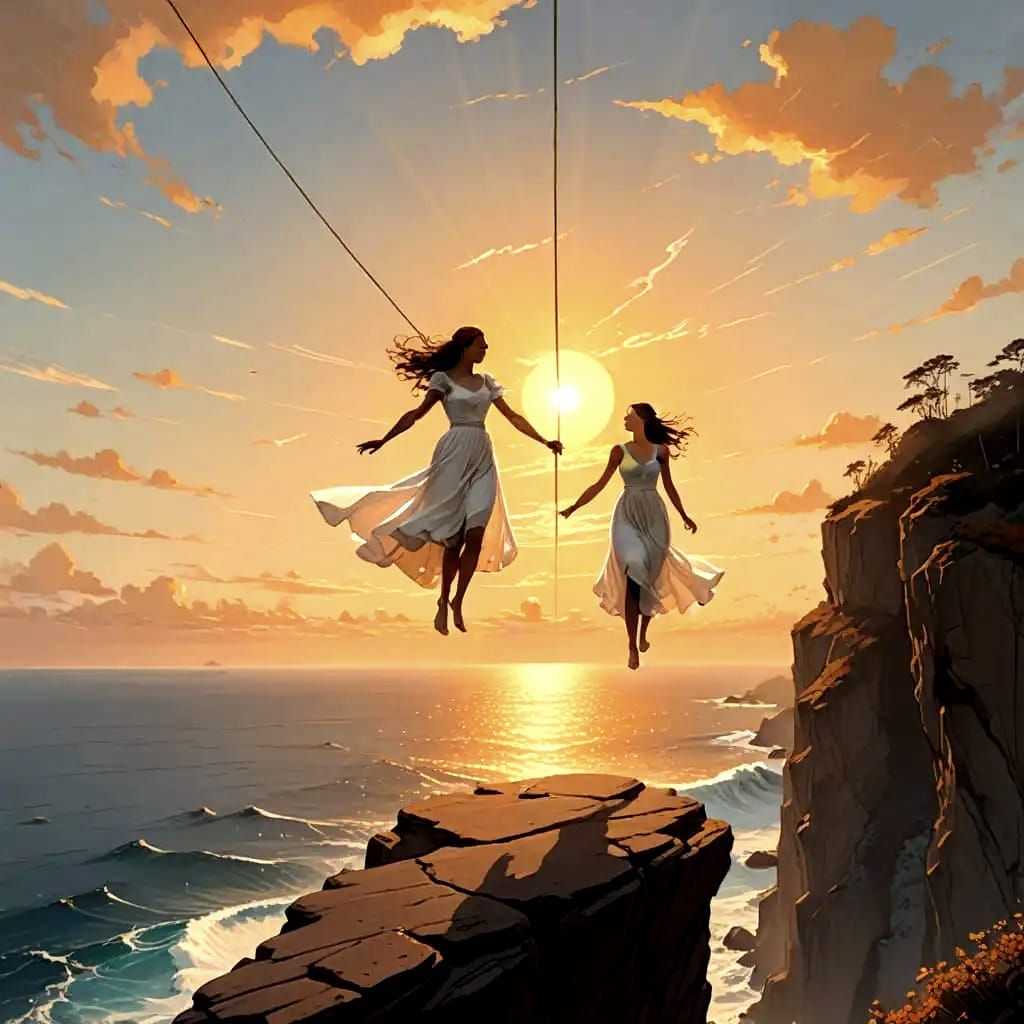 Woman on Tightrope Over Ocean: Digital Painting