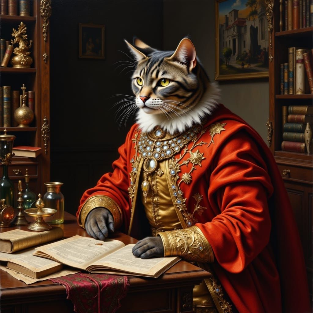 Baroque Oil Painting of a Royal Siamese Cat