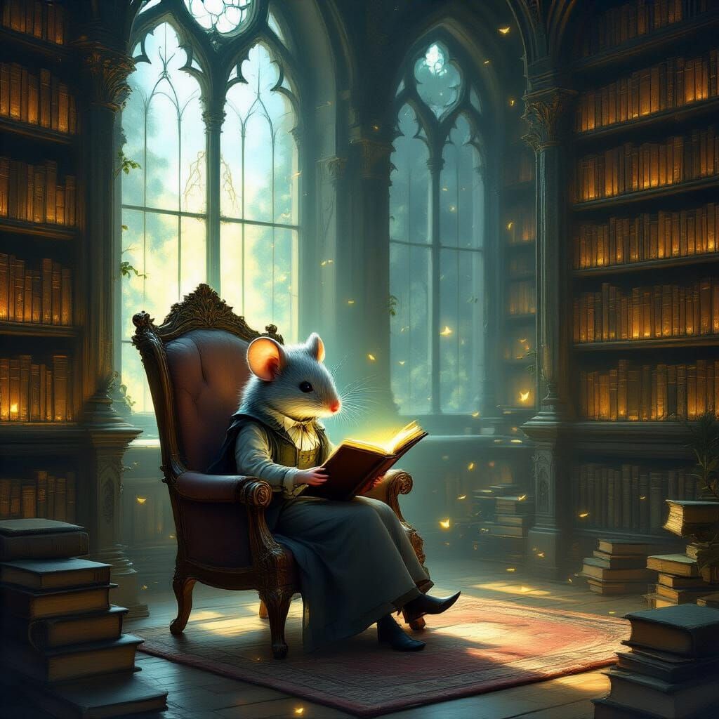 Victorian Mouse Reads in Ancient Library