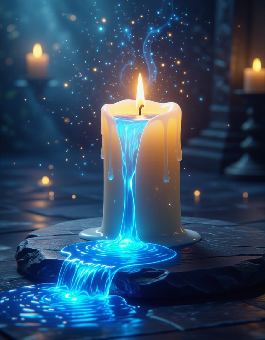 Glowing Candle with Blue Waterfall in Fantasy Setting