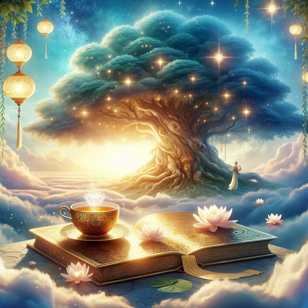 Tree of Life with Tea, Moonlight, and Lotus Flowers