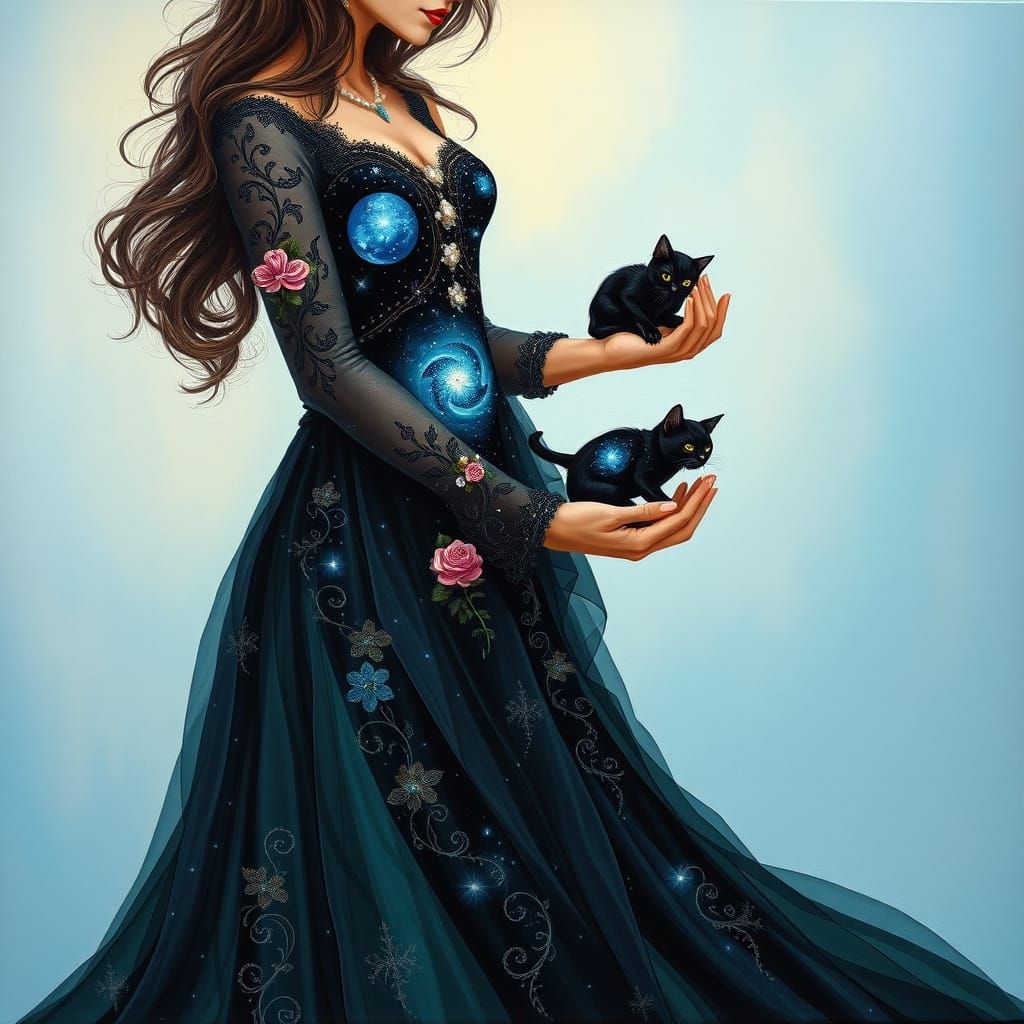 Woman with Cosmic Cat in Neo-Impressionist Style