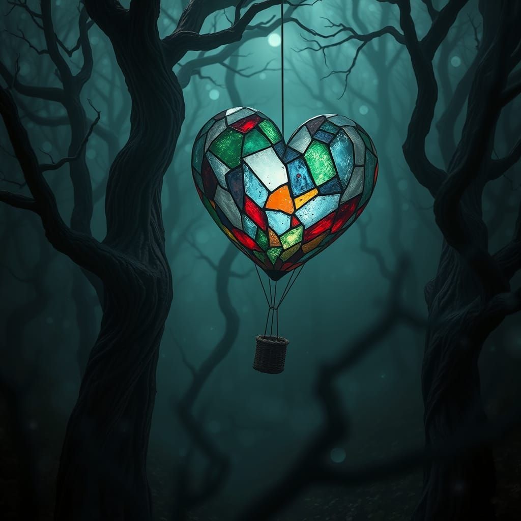Stained Glass Heart Balloon in Twilight Forest