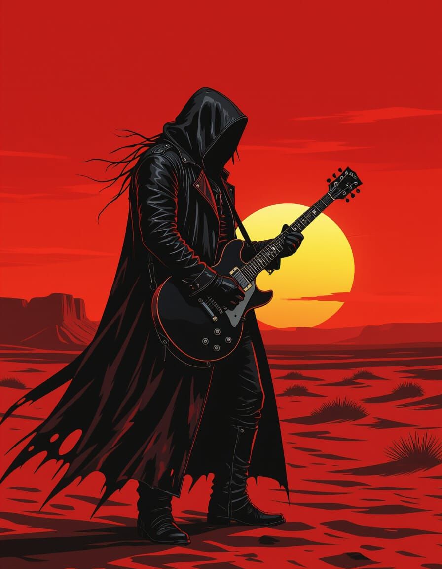 Death Metal Guitarist in Desert Sunset, Dramatic Lighting