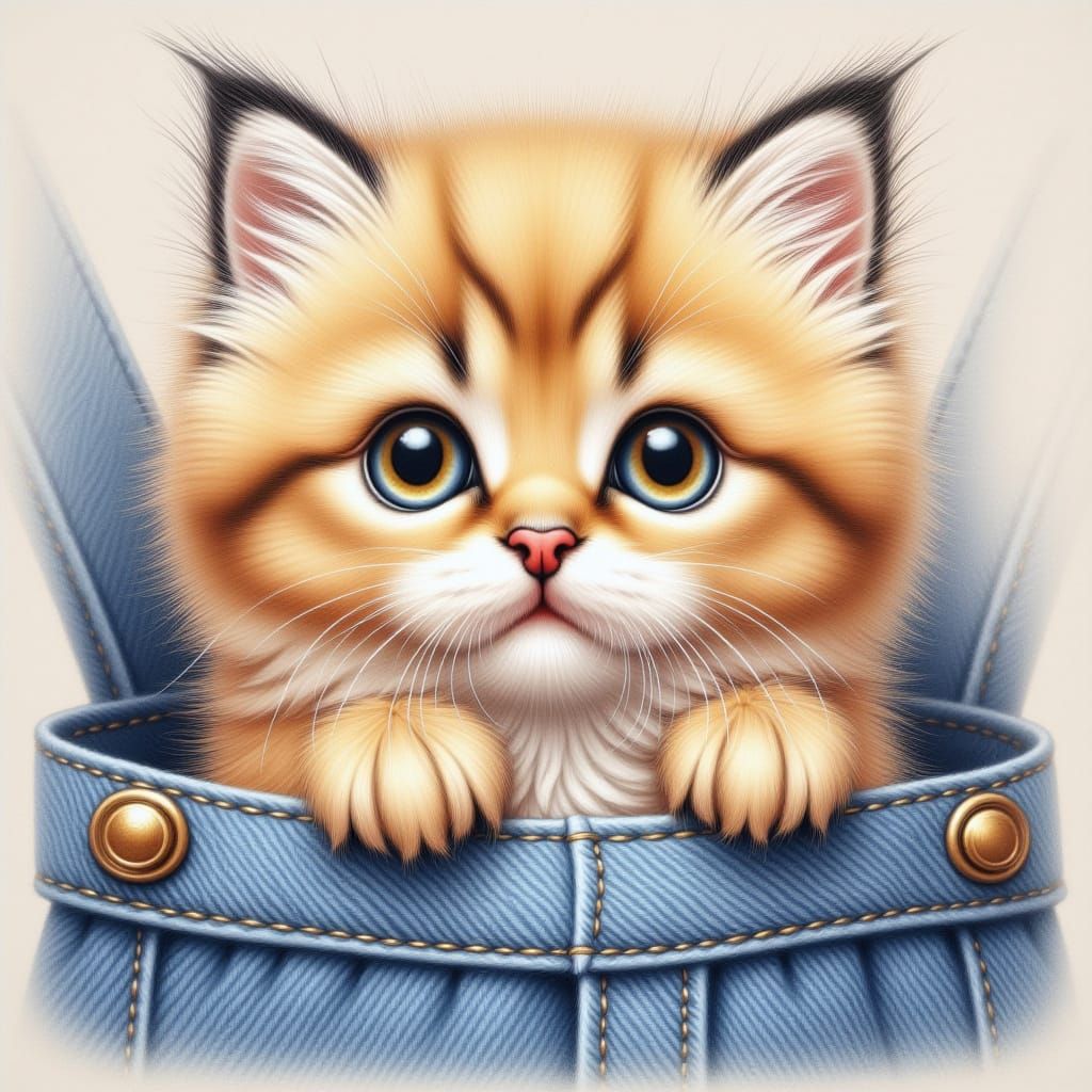 Adorable Kitten in Overalls Pocket, Colored Pencil Style