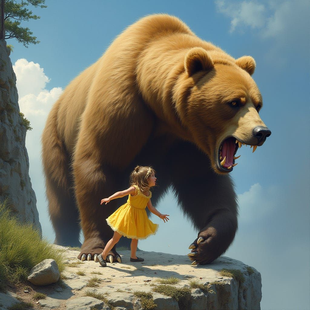 Grizzly Bear Cliff Rescue in Atmospheric Landscape Style