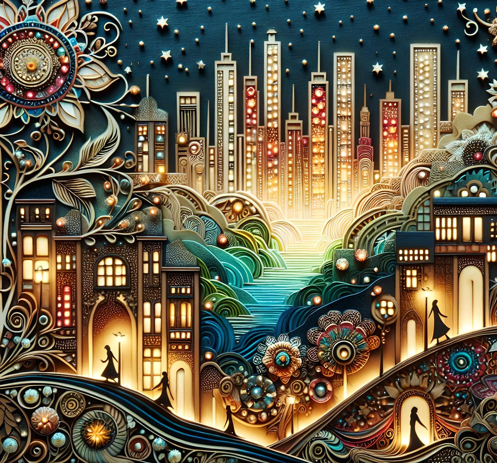 Glowing Metropolis on a Hill in Patchouliwork Style