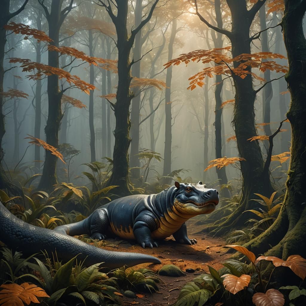 Mythical Serpent-Hippo Hybrid in Misty German Forest