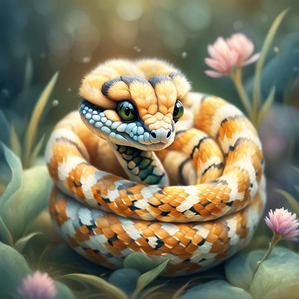 Adorable Furry Baby Snake Illustration in Watercolor Style