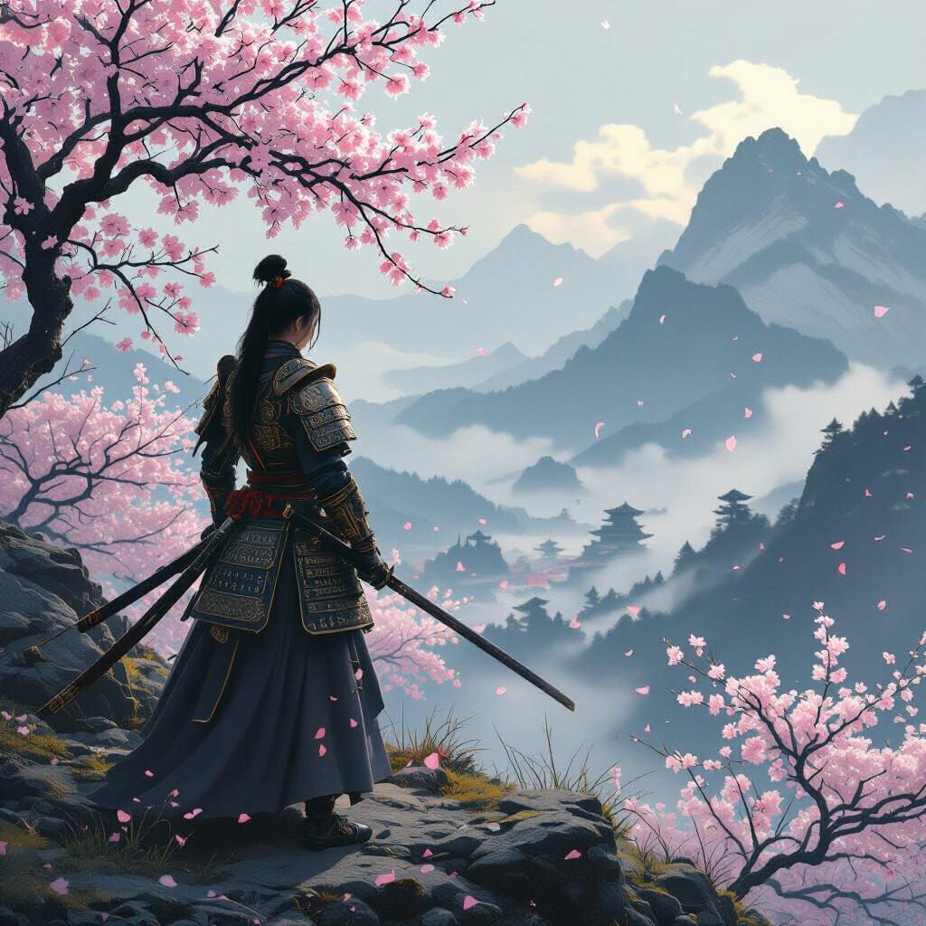 Samurai Warrior on Misty Mountain Peak