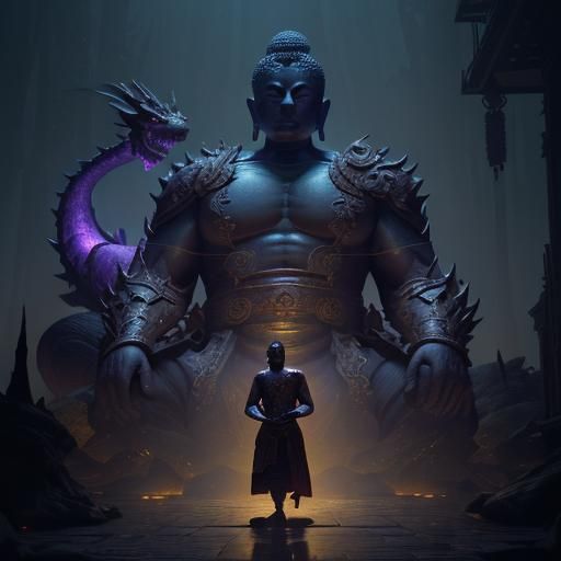 Buddha and Dragon at Night: Dark Fantasy Art