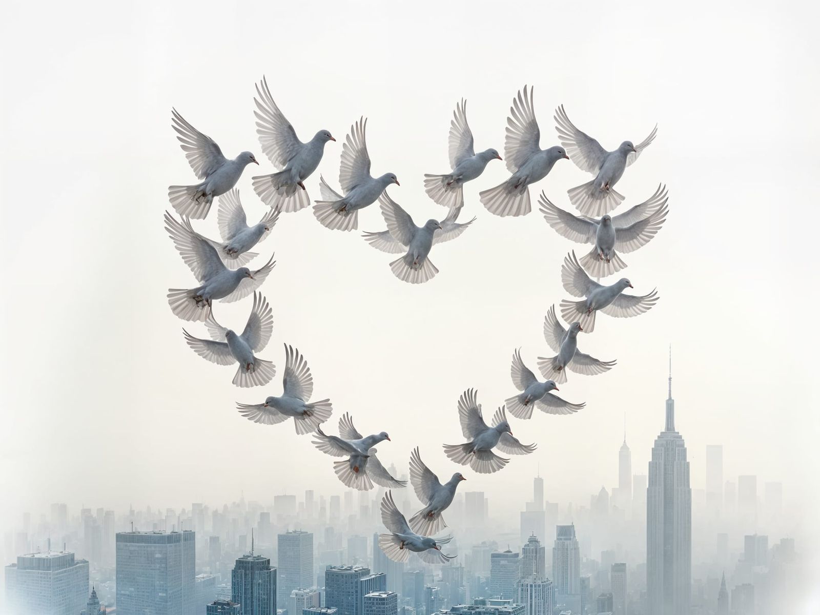 Grey Doves Form Heart Shape Over New York Cityscape