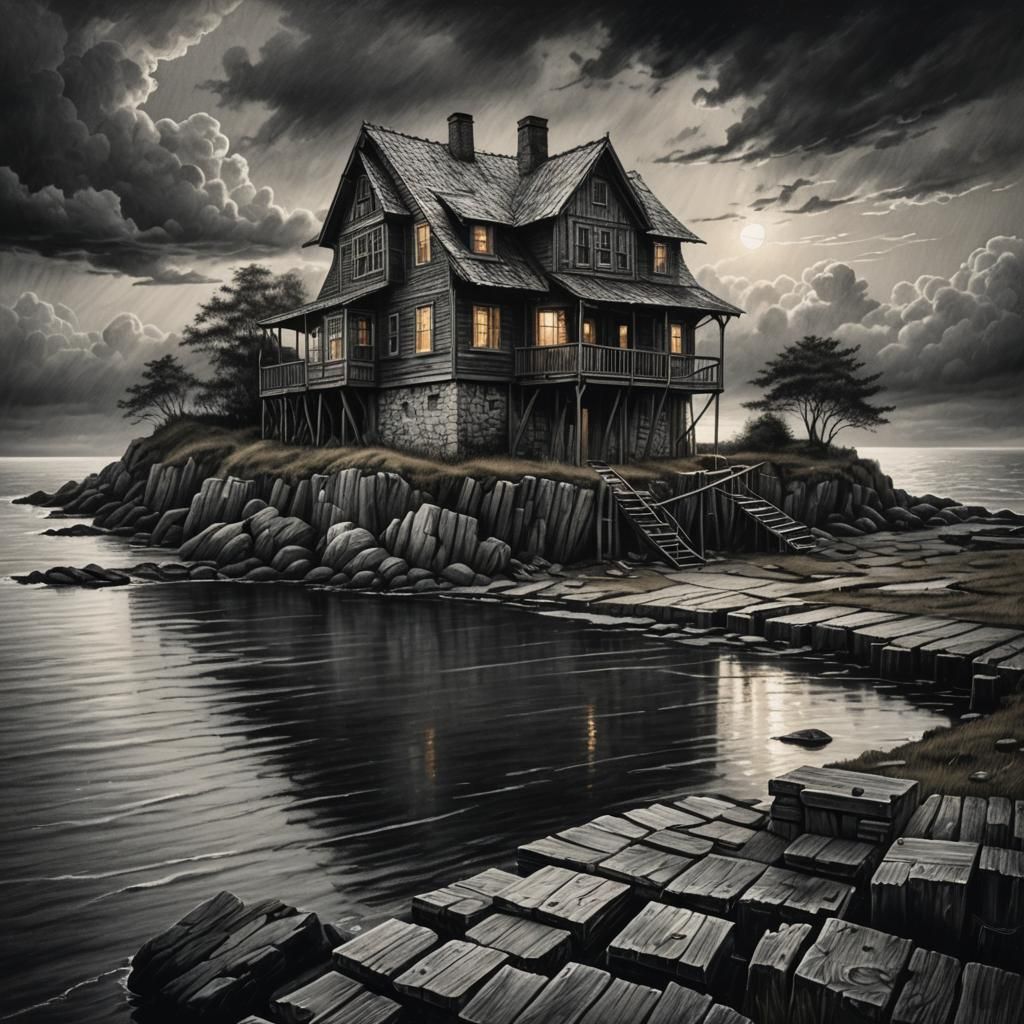 Eerie Multi-Storey House on Island in Charcoal