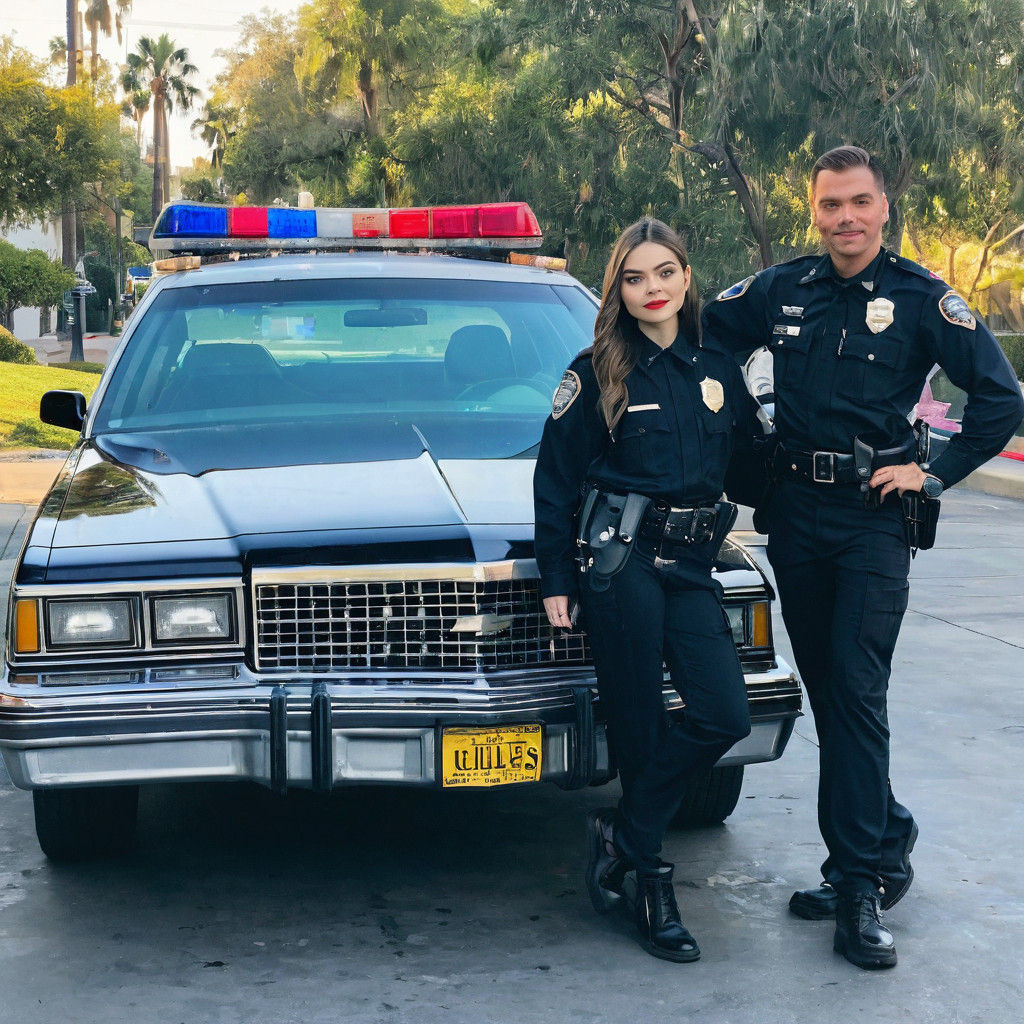 Teen Queens Pose Beside Retro Police Cruiser in a Pop Art St...