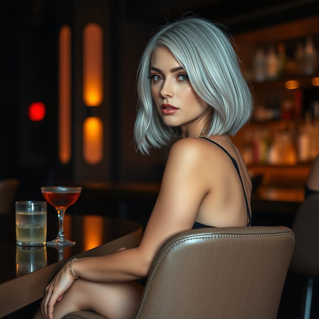 Stylish Woman at Bar, Alluring Look, Dimly Lit Ambiance