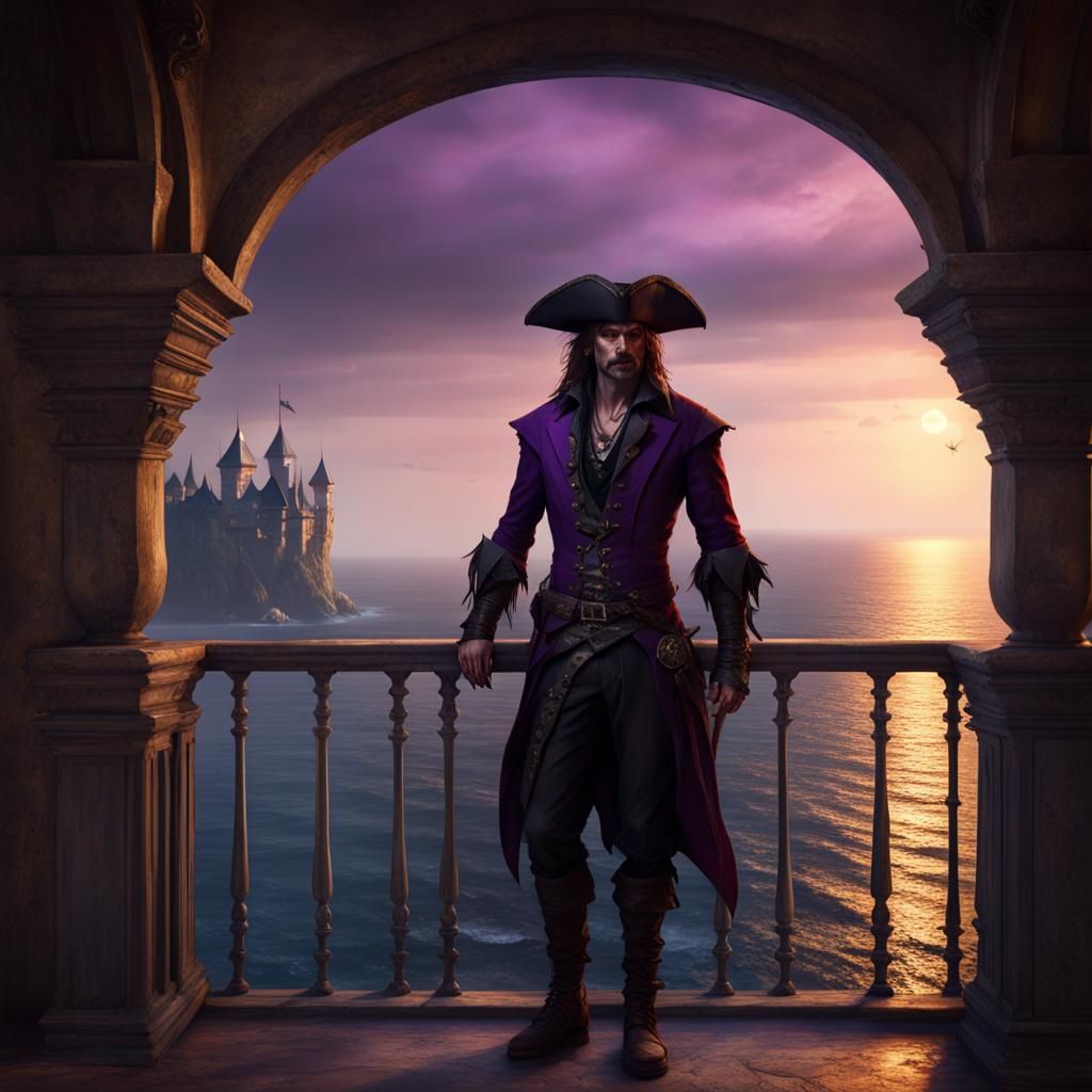 Vampire Pirate at Castle Balcony: Dark Fantasy Art