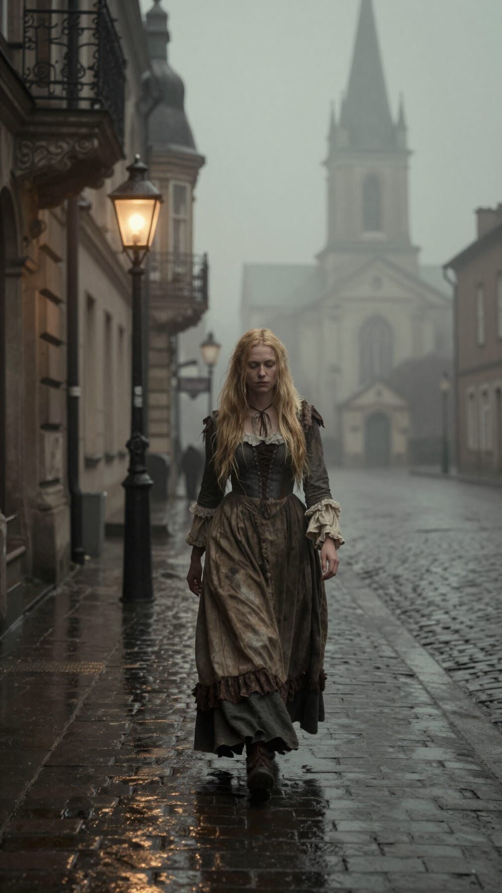 Victorian Woman in Gritty Gaslight Street Scene