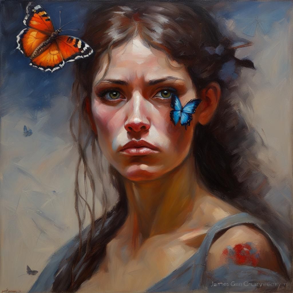 Fighter Woman with Butterfly Soul: Oil Painting