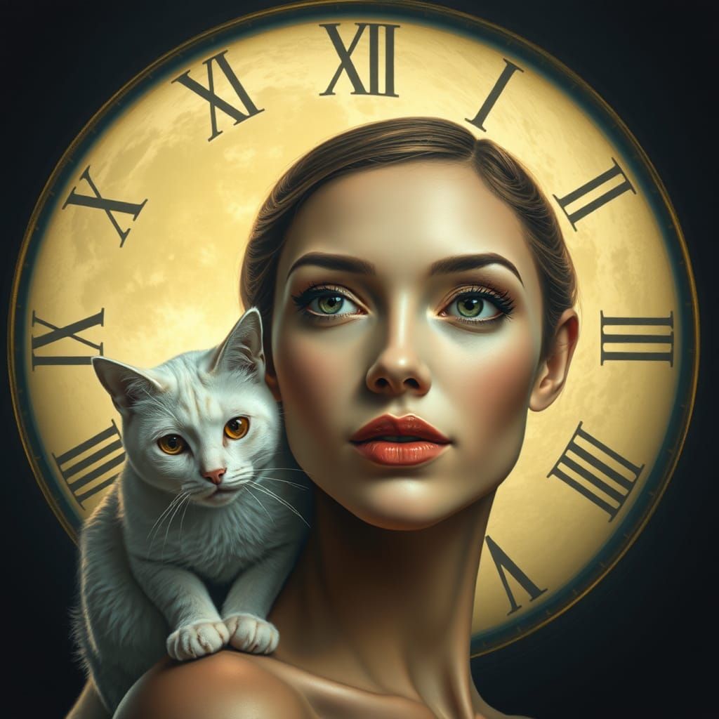 Surreal Woman with Moon and Cat, in Dali Style