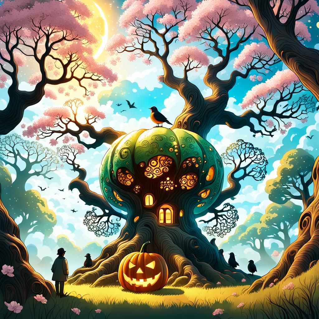 Fantasy Landscape with Cherry Blossoms, Digital Art