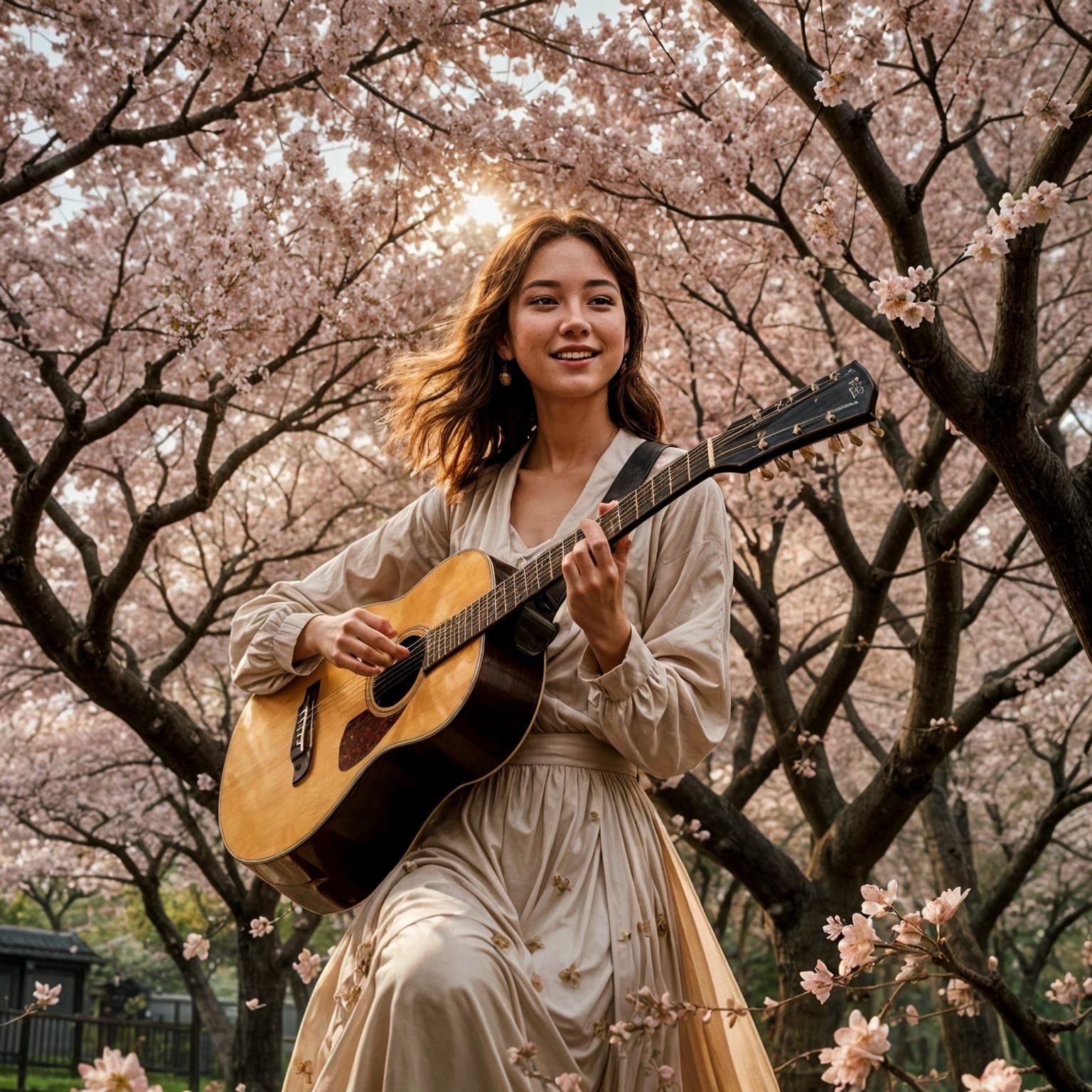 Glowing Cherry Blossom Tree with Musician and Man