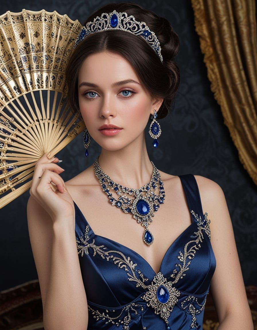 Luxurious Victorian Lady in Elegant Navy Gown with Sapphire ...