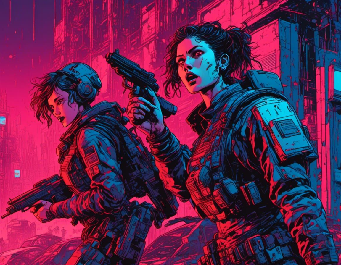 Cyberpunk Woman Confronts Police in Red and Blue