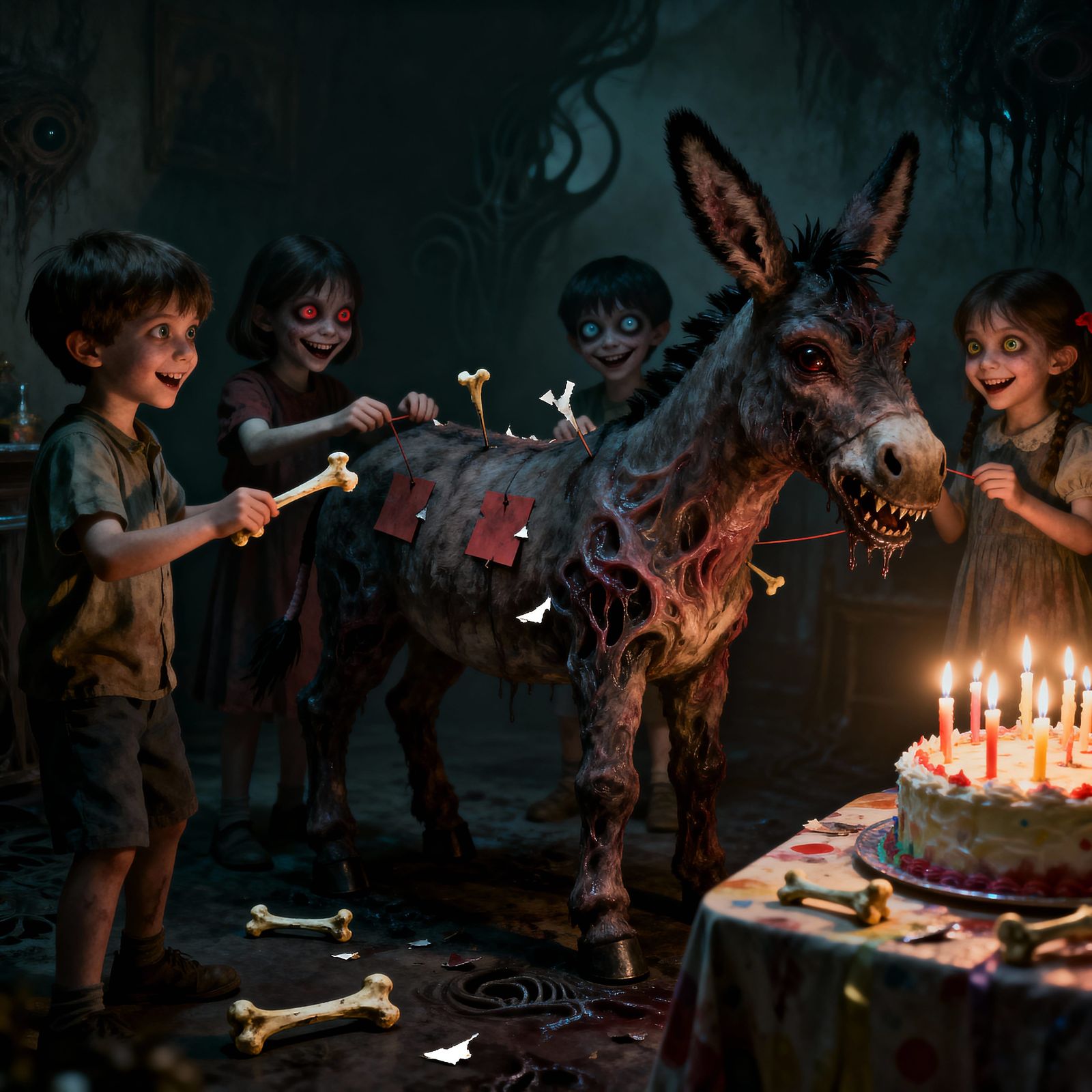 Macabre Pin the Tail Game at a Twisted Birthday Party